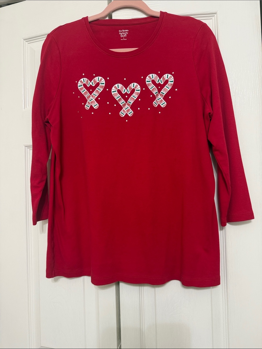 Kim Rogers Red Long Sleeve Tee with Heart Candy Stripe Motif